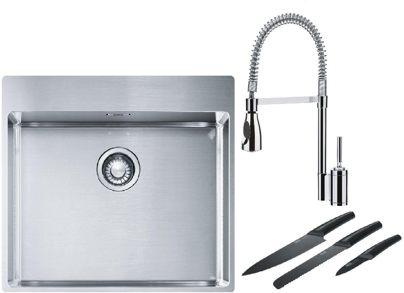 Franke Box BXX 210-54 TL zlewozmywak 57x51 cm stalowy z baterią kuchenną Sentinel chrom i zestawem noży kuchennych (1270369295, ...