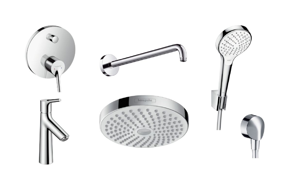 Zestaw Hansgrohe Talis S bateria wannowo-prysznicowa i umywalkowa z deszczownicą ścienną i kompletem natryskowym Croma (72405000, ...