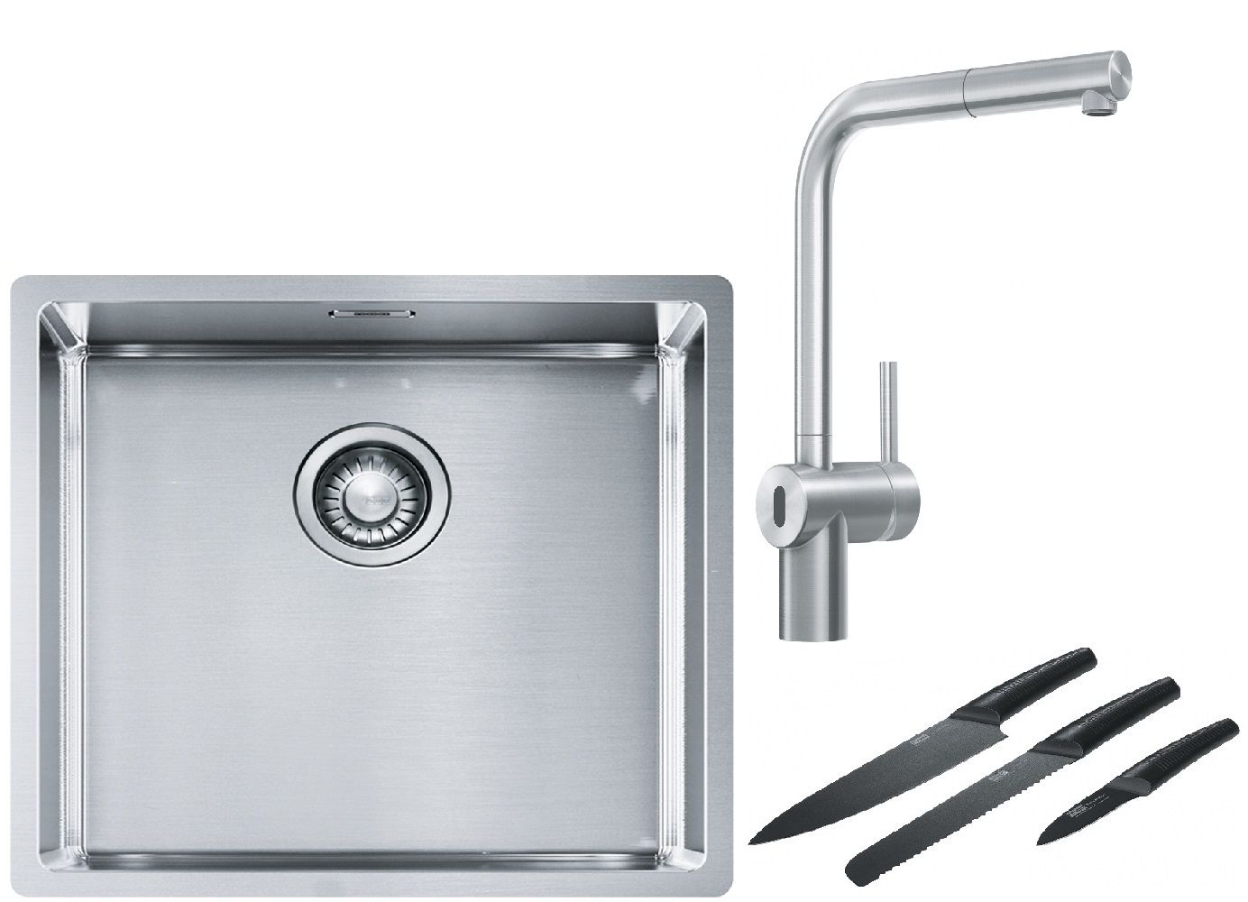Franke Box BXX 210/110-45 zlewozmywak 49x45 cm stalowy z baterią kuchenną Atlas Neo Sensor stal szlachetna i zestawem noży kuchennych ...