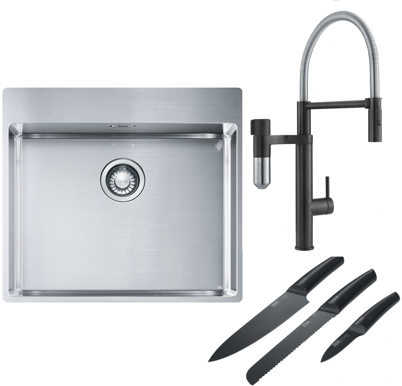 Franke Box BXX 210-54 TL zlewozmywak 57x51 cm stalowy z baterią kuchenną Vital Semi-Pro czarny mat/stal i zestawem noży kuchennych ... - Wysyłka w 24h