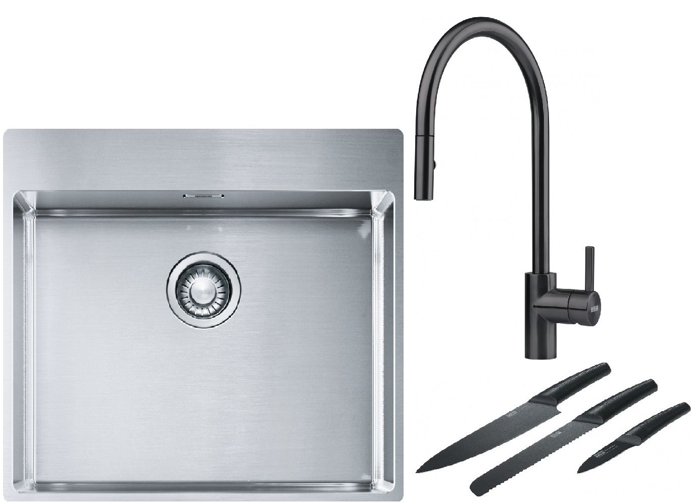 Franke Box BXX 210-54 TL zlewozmywak 57x51 cm stalowy z baterią kuchenną Eos czarna stal szlachetna i zestawem noży kuchennych ... - Wysyłka w 24h