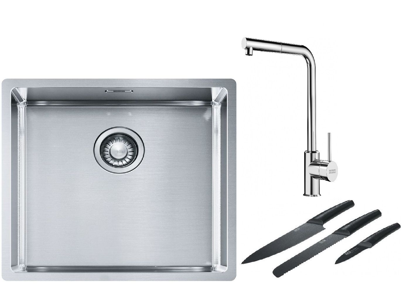 Franke Box BXX 210/110-45 zlewozmywak 49x45 cm stalowy z baterią kuchenną Sirius Side chrom i zestawem noży kuchennych (1270453655, ...