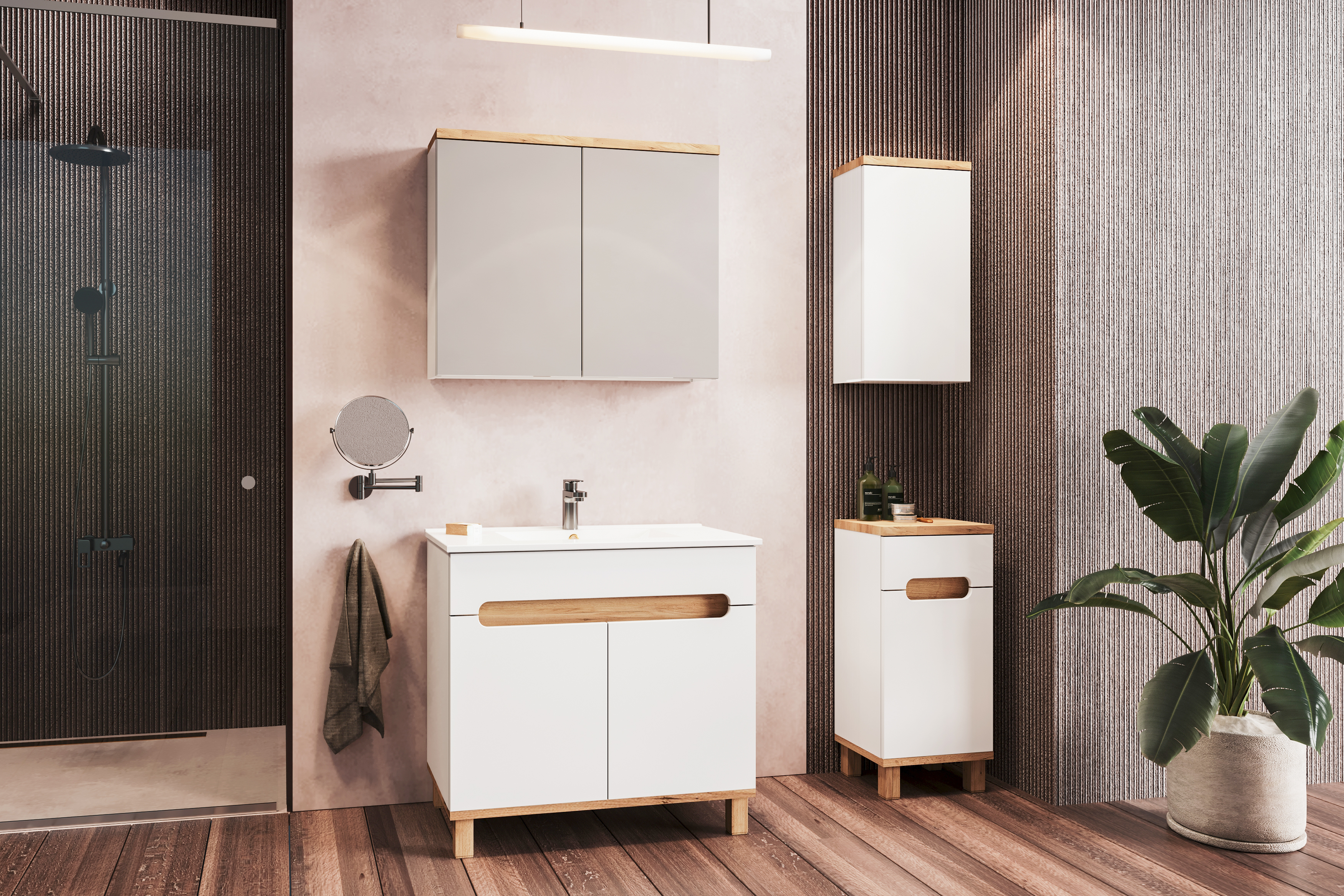 Strama Ovo szafka 82,4 cm boczna stojąca biały połysk/dąb craft złoty 12.300.00