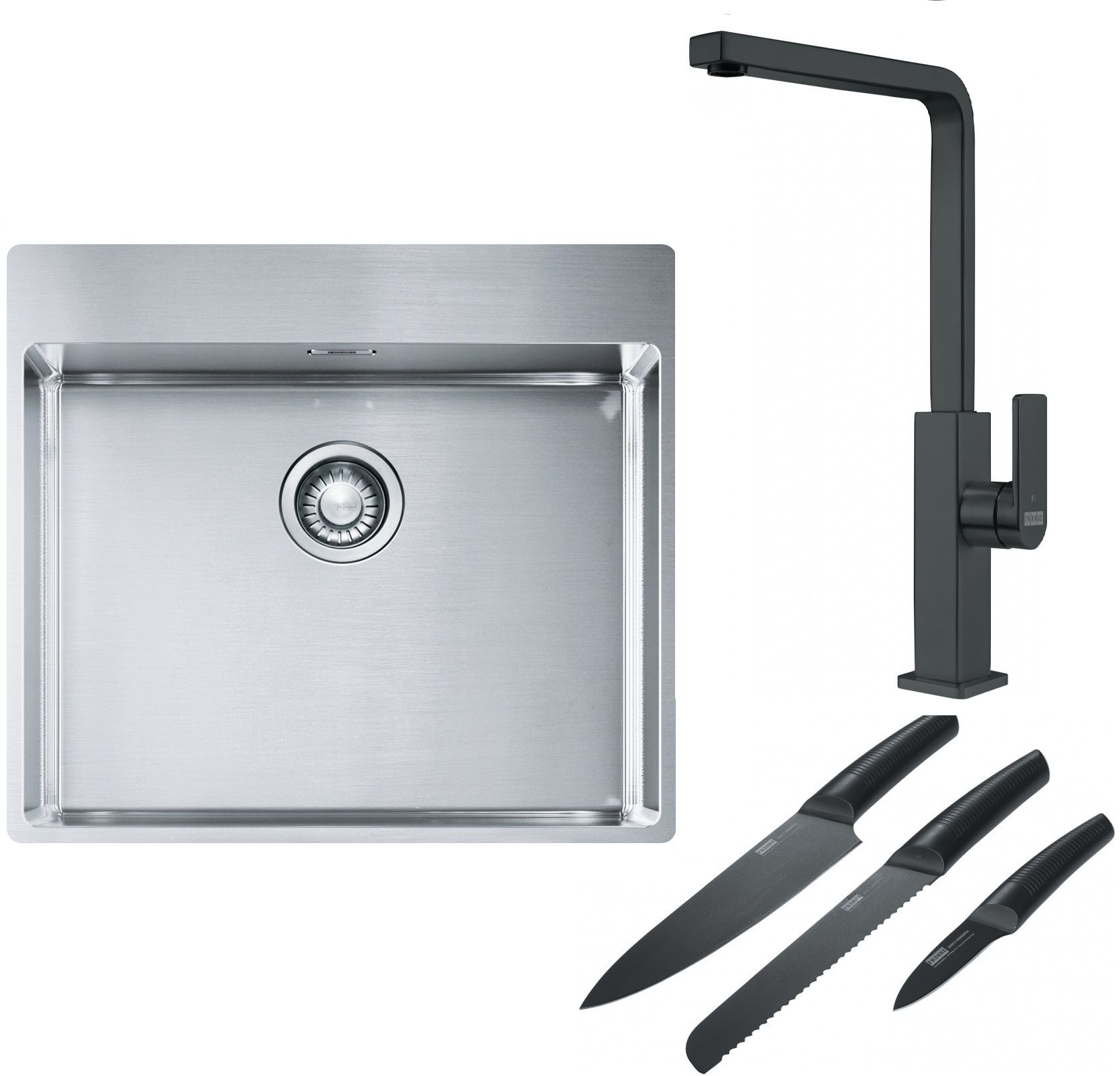 Franke Box BXX 210-54 TL zlewozmywak 57x51 cm stalowy z baterią kuchenną Mythos czarna stal szlachetna i zestawem noży kuchennych ...