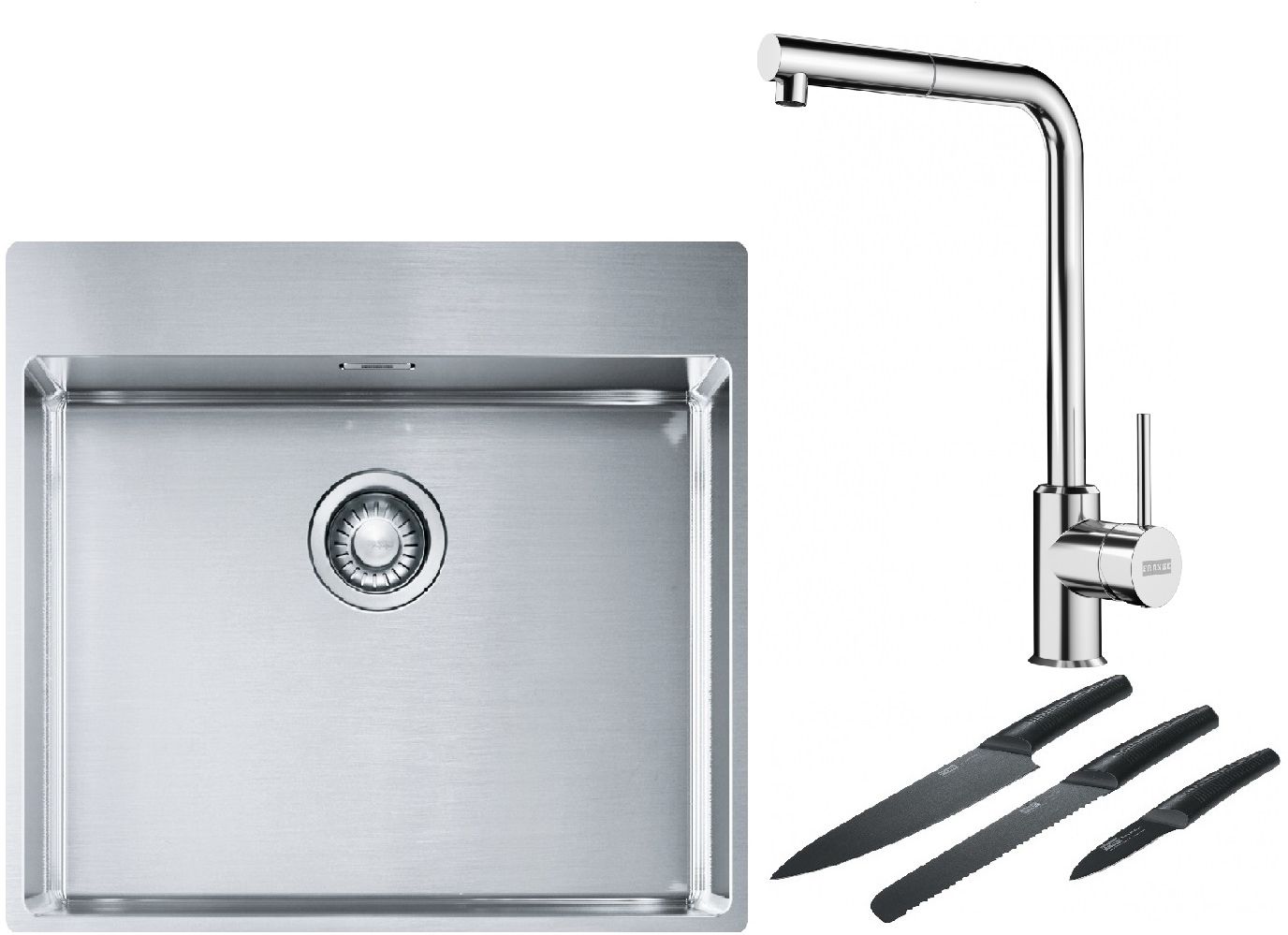 Franke Box BXX 210-54 TL zlewozmywak 57x51 cm stalowy z baterią kuchenną Sirius Side chrom i zestawem noży kuchennych (1270369295, ... - Wysyłka w 24h