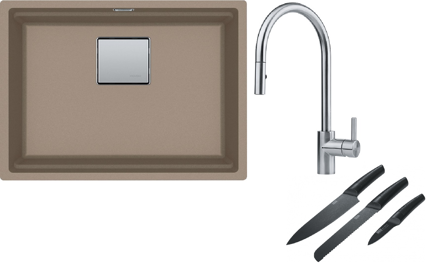 Franke Kanon KNG 110-52 zlewozmywak 52x42 cm Fragranite cappuccino z baterią kuchenną Eos Neo stal szlachetna i zestawem noży kuchennych ...