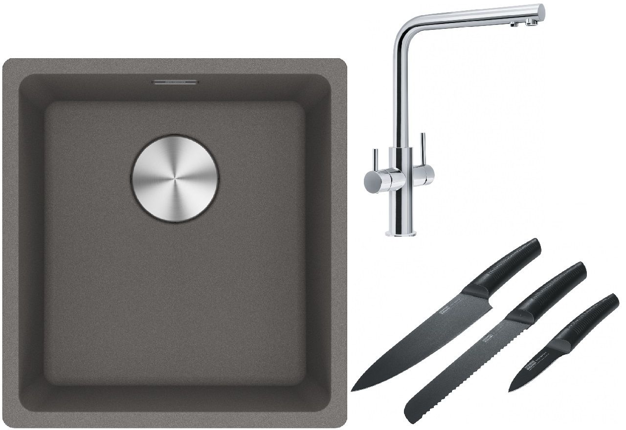Franke Maris MRG 110-37 zlewozmywak 40x37 cm Fragranite kamienny szary z baterią kuchenną Neptune Clear Water chrom i zestawem noży ...