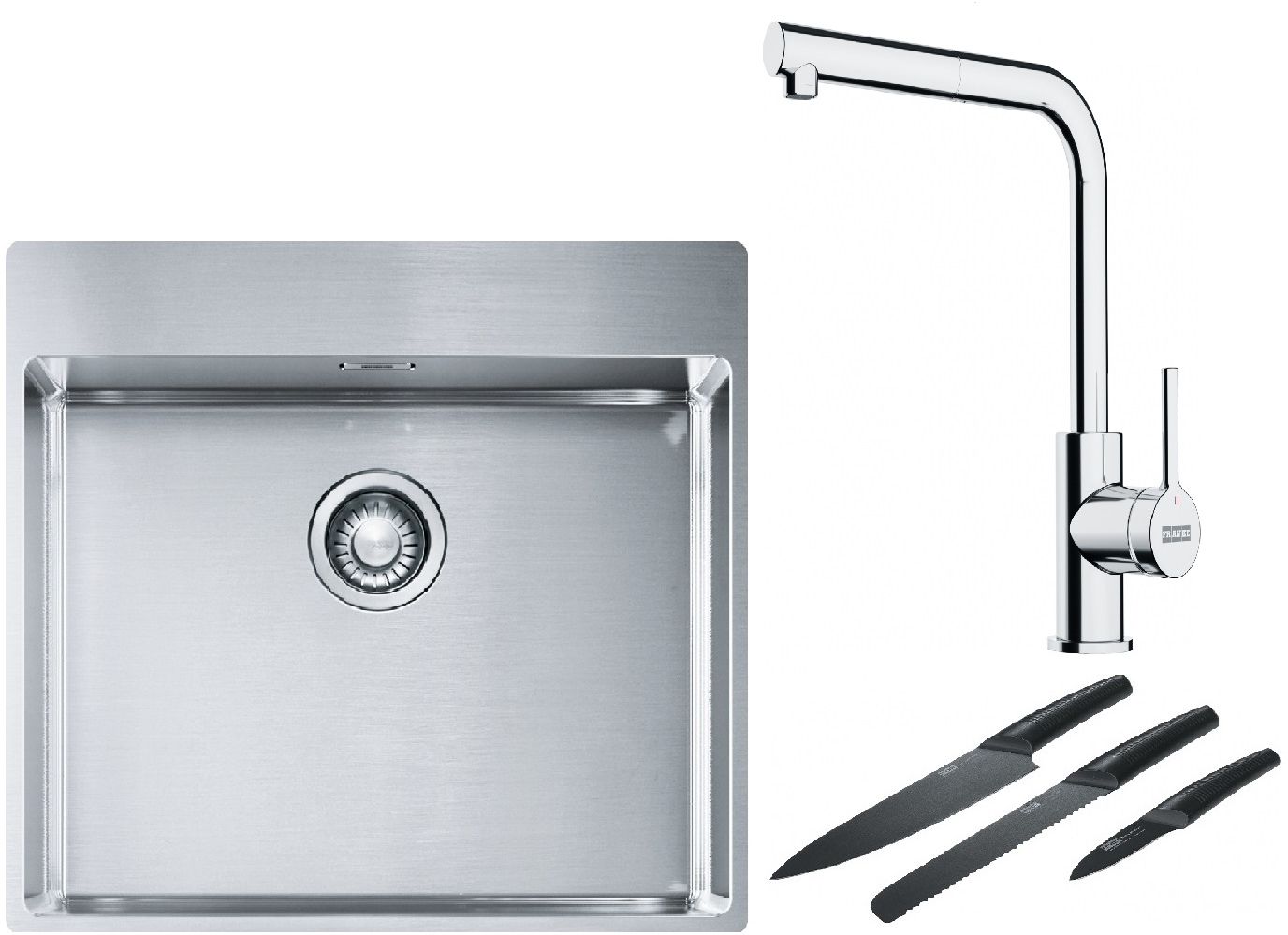 Franke Box BXX 210-54 TL zlewozmywak 57x51 cm stalowy z baterią kuchenną Lina chrom i zestawem noży kuchennych (1270369295, 1150712420, ...