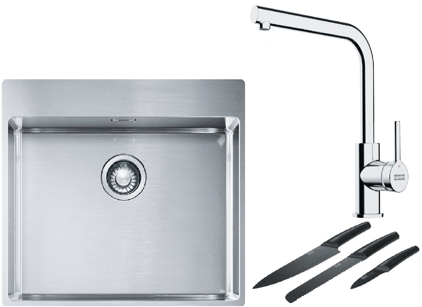 Franke Box BXX 210-54 TL zlewozmywak 57x51 cm stalowy z baterią kuchenną Lina chrom i zestawem noży kuchennych (1270369295, 1150693230, ...