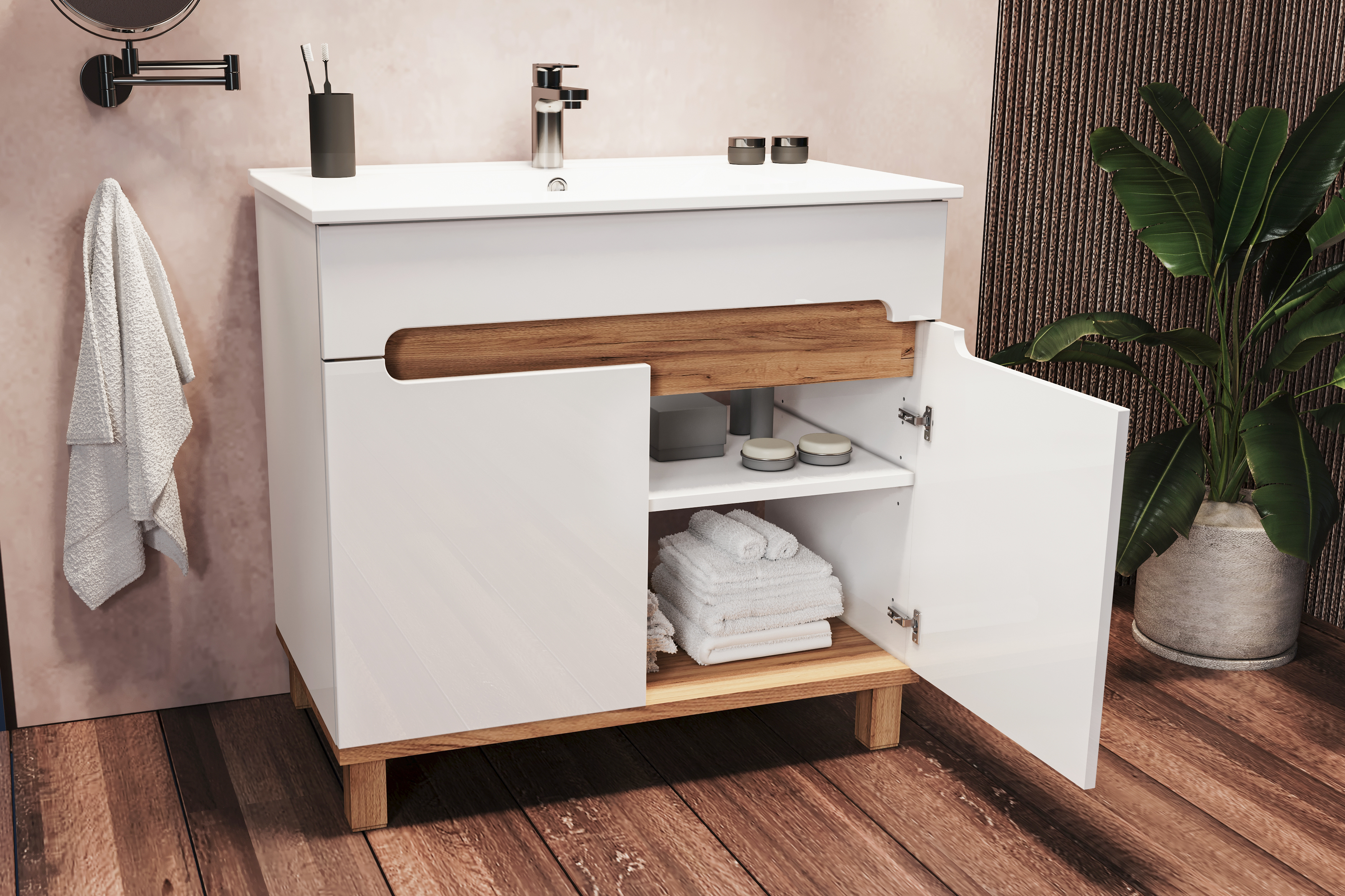 Strama Ovo szafka 79,7x45,6 cm podumywalkowa stojąca biały połysk/dąb craft złoty 12.101.00 - Wysyłka w 24h