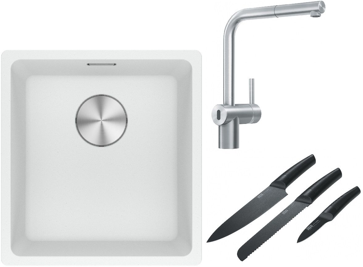 Franke Maris MRG 110-37 zlewozmywak 40x37 cm Fragranite biały polarny z baterią kuchenną Atlas Neo Sensor stal szlachetna i zestawem ... - Wysyłka w 