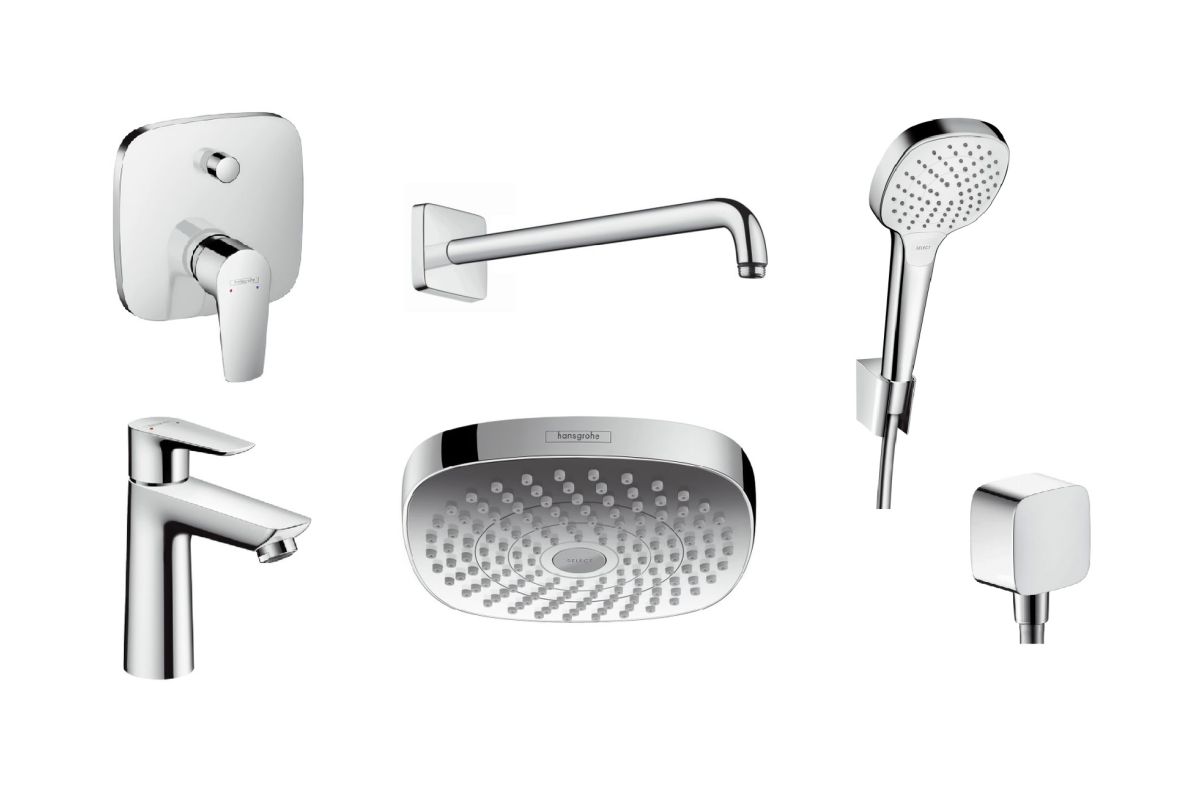 Zestaw Hansgrohe Talis E bateria wannowa i umywalkowa z deszczownicą ścienną i zestawem prysznicowym Croma (71745000, 71710000, ... - Wysyłka w 24h