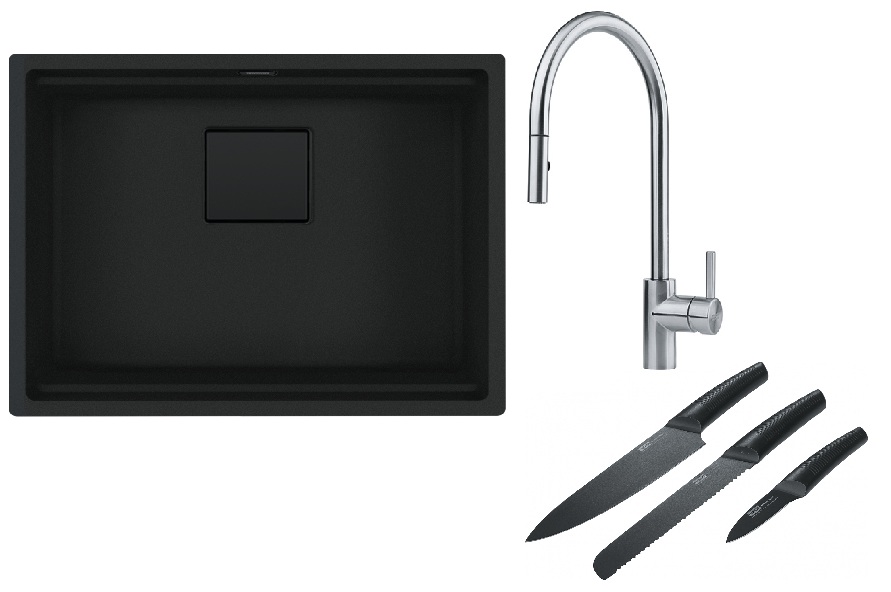 Franke Kanon KNG 110-52 zlewozmywak 56x46 cm Fragranite czarny mat z baterią kuchenną Eos Neo stal szlachetna i zestawem noży kuchennych ...