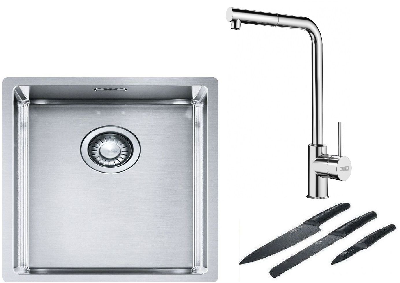 Franke Box BXX 210/110-34 zlewozmywak 38x45 cm stalowy z baterią kuchenną Sirius Side chrom i zestawem noży kuchennych (1270453653, ...