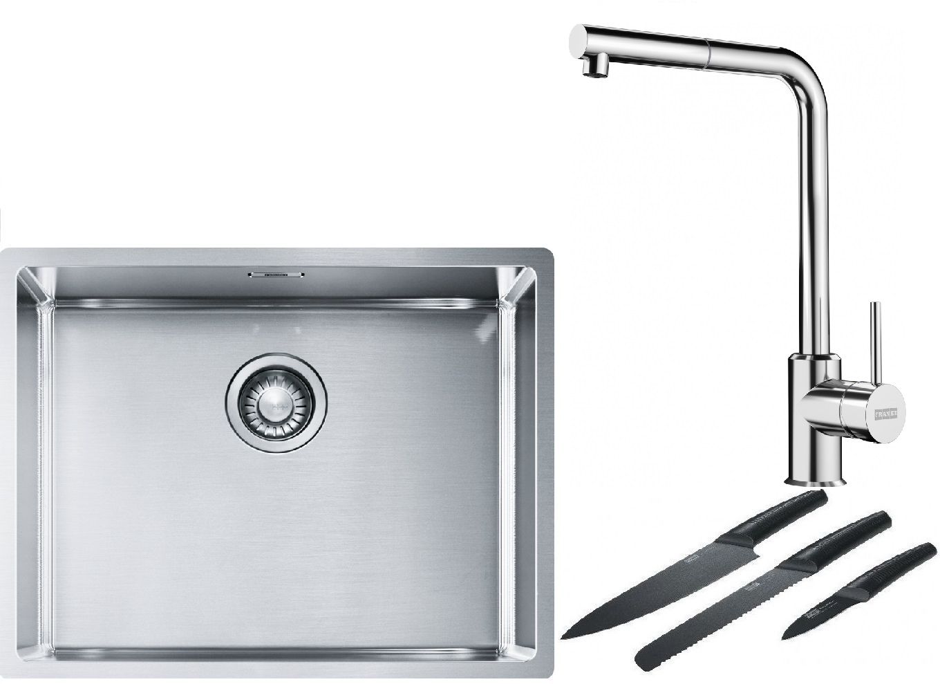 Franke Box BXX 110-54/ BXX 210-54 zlewozmywak 58x45 cm stalowy z baterią kuchenną Sirius Side chrom i zestawem noży kuchennych ... - Wysyłka w 24h