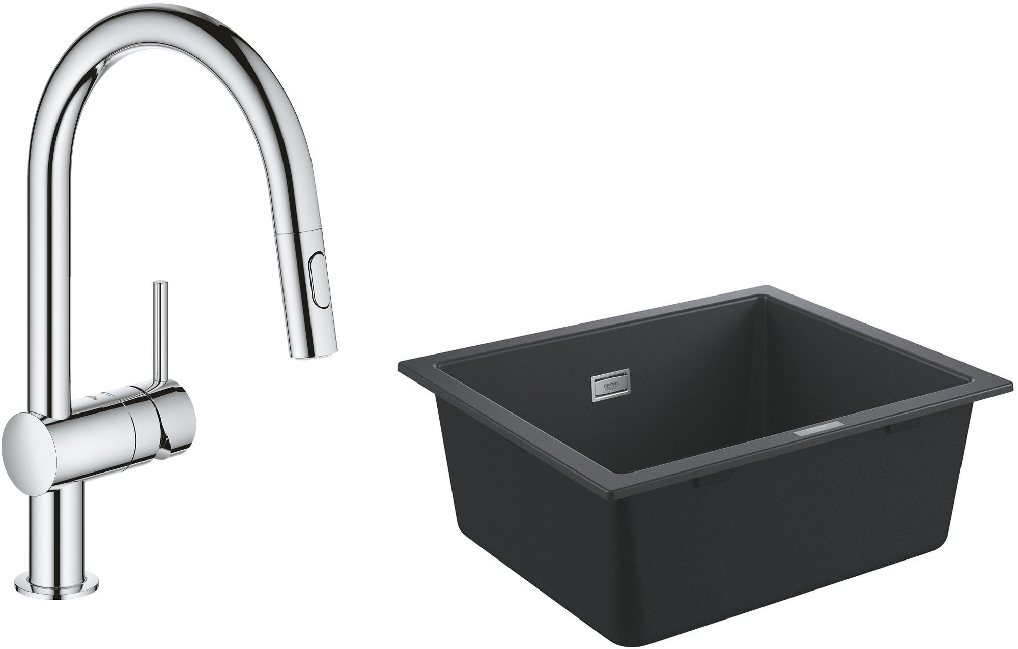 Zestaw Grohe K700 zlewozmywak 53,3x45,7 cm czarny granit z baterią kuchenną Minta chrom (31654AP0, 32321002)