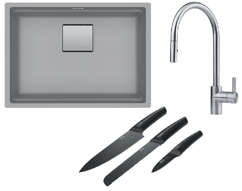 Franke Kanon KNG 110-52 zlewozmywak 52x42 cm Fragranite kamienny szary z baterią kuchenną Eos Neo stal szlachetna i zestawem noży ... - Wysyłka w 24h