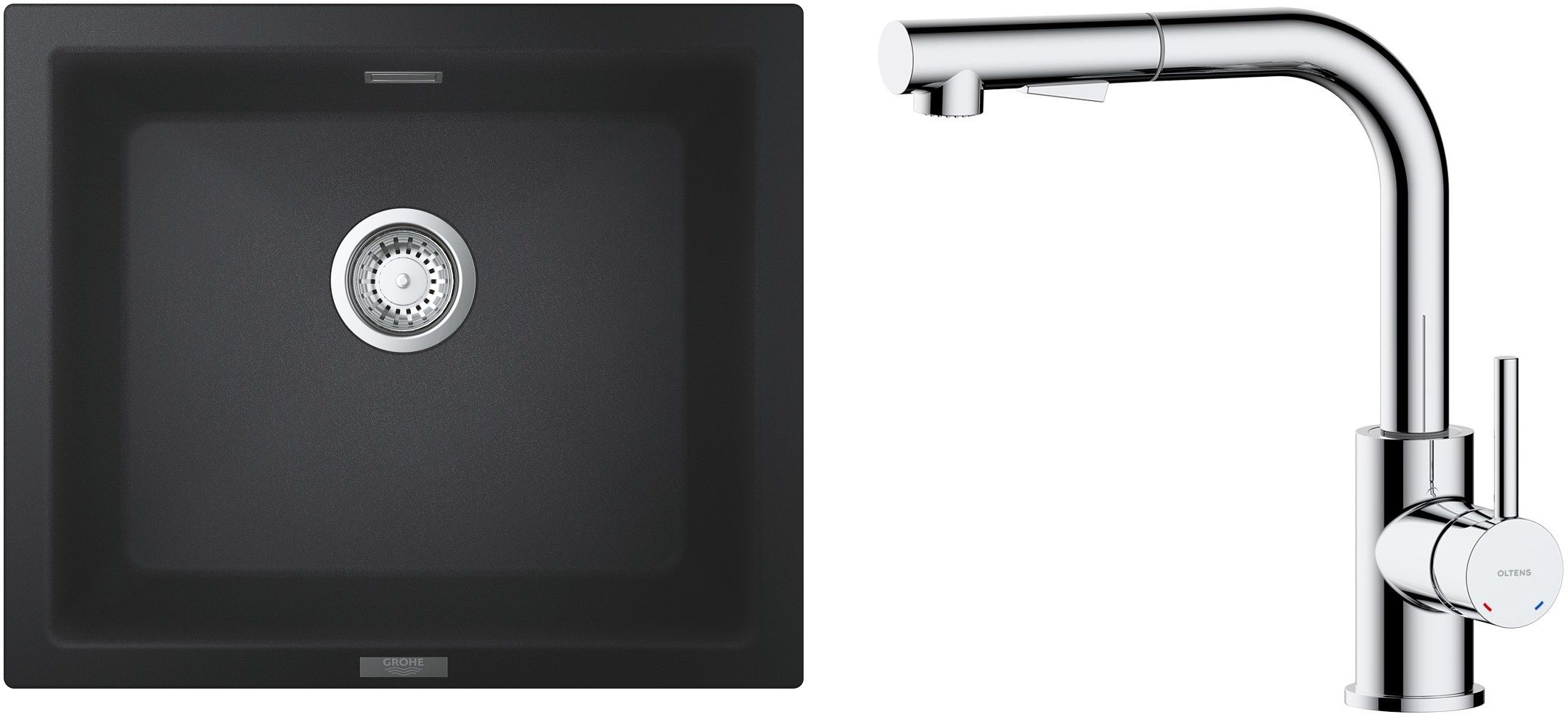 Zestaw Grohe K700U zlewozmywak granitowy 53,3x45,7 cm z baterią kuchenną Oltens Myvat czarny granit/chrom (31654AP0, 35205100) - Wysyłka w 24h