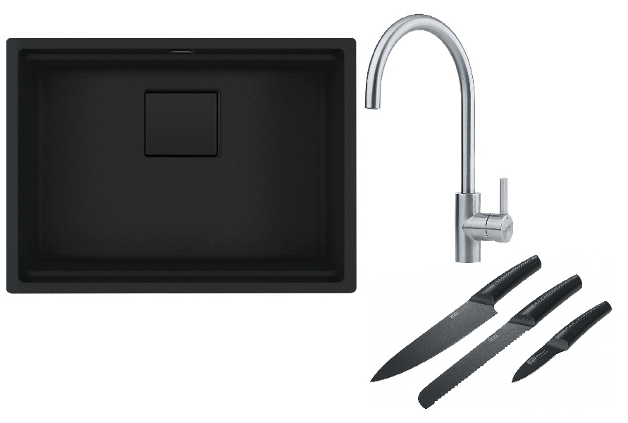 Franke Kanon KNG 110-52 zlewozmywak 56x46 cm Fragranite czarny mat z baterią kuchenną Eos Neo stal szlachetna i zestawem noży kuchennych ...