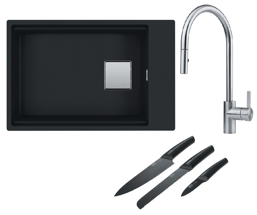 Franke Kanon KNG 110-62 zlewozmywak 62x42 cm Fragranite czarny mat z baterią kuchenną Eos Neo stal szlachetna i zestawem noży kuchennych ... - Wysyłka