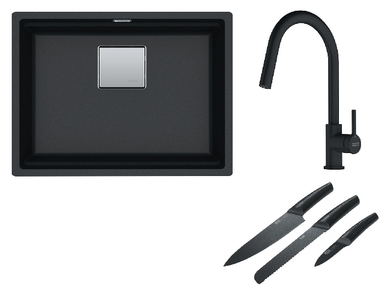 Franke Kanon KNG 110-52 zlewozmywak 52x42 cm Fragranite onyx z baterią kuchenną Lina Pull-Out czarny mat i zestawem noży kuchennych ... - Wysyłka w 