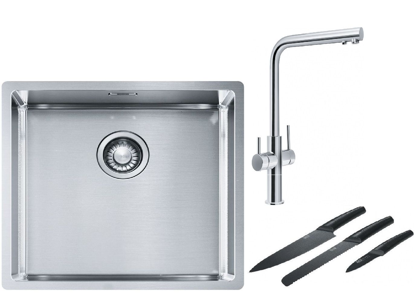 Franke Box BXX 210/110-45 zlewozmywak 49x45 cm stalowy z baterią kuchenną Neptune Clear Water chrom i zestawem noży kuchennych ...