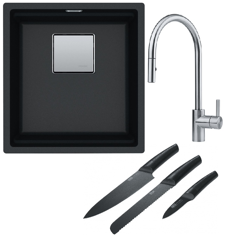 Franke Kanon KNG 110-37 zlewozmywak 37x42 cm Fragranite onyx z baterią kuchenną Eos Neo stal szlachetna i zestawem noży kuchennych ...