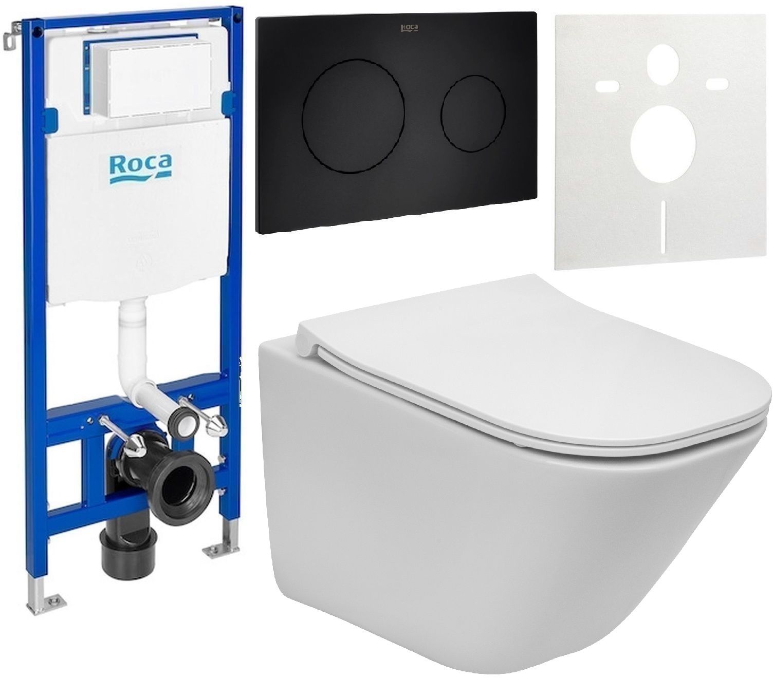 Zestaw Roca Gap Square Compacto miska WC wisząca Rimless z deską sedesową wolnoopadającą i stelaż podtynkowy Duplo One z przyciskiem ...