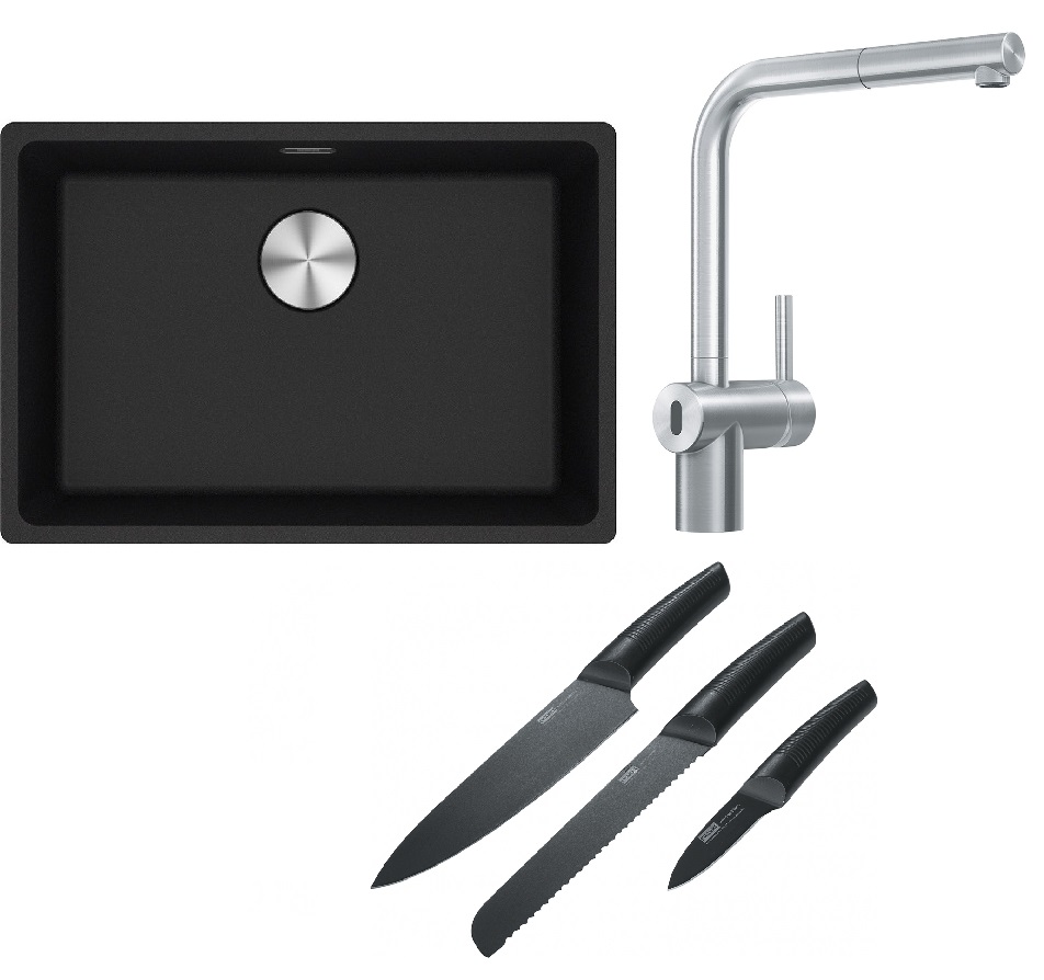 Franke Maris MRG 110-62 zlewozmywak 62x40 cm Fragranite onyx z baterią kuchenną Atlas Neo Sensor stal szlachetna i zestawem noży ...