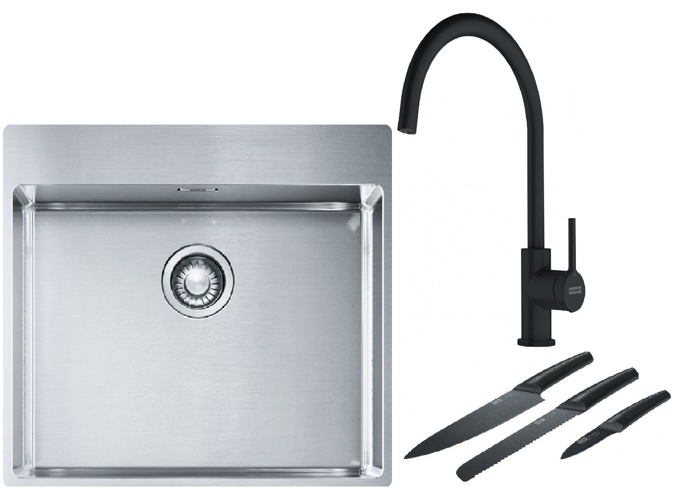 Franke Box BXX 210-54 TL zlewozmywak 57x51 cm stalowy z baterią kuchenną Lina czarny mat i zestawem noży kuchennych (1270369295, ... - Wysyłka w 24h