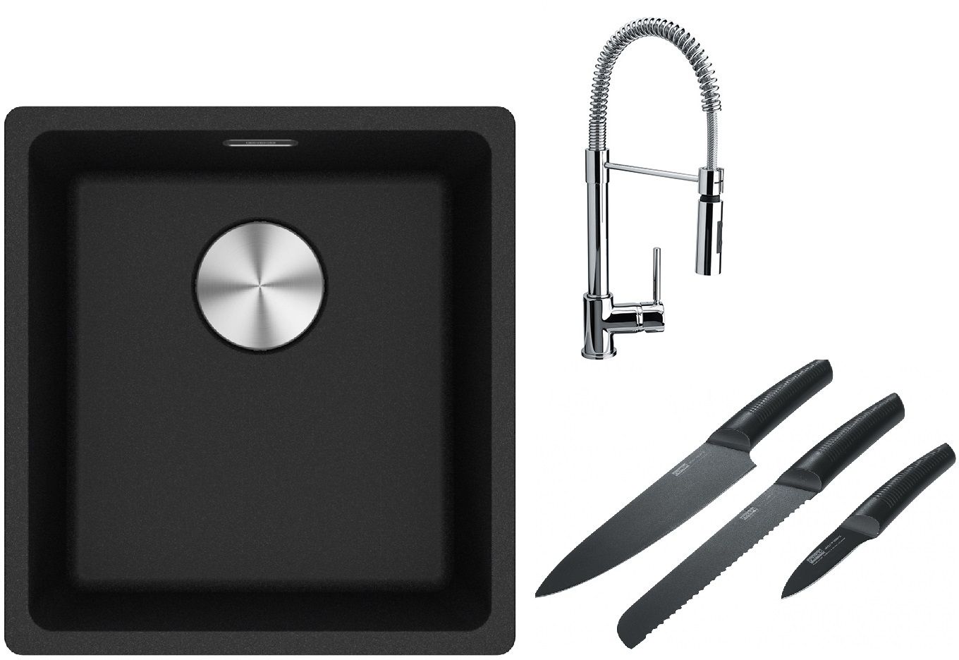 Franke Maris MRG 110-37 zlewozmywak 40x37 cm Fragranite onyx z baterią kuchenną Coxy chrom i zestawem noży kuchennych (1250687249, ...