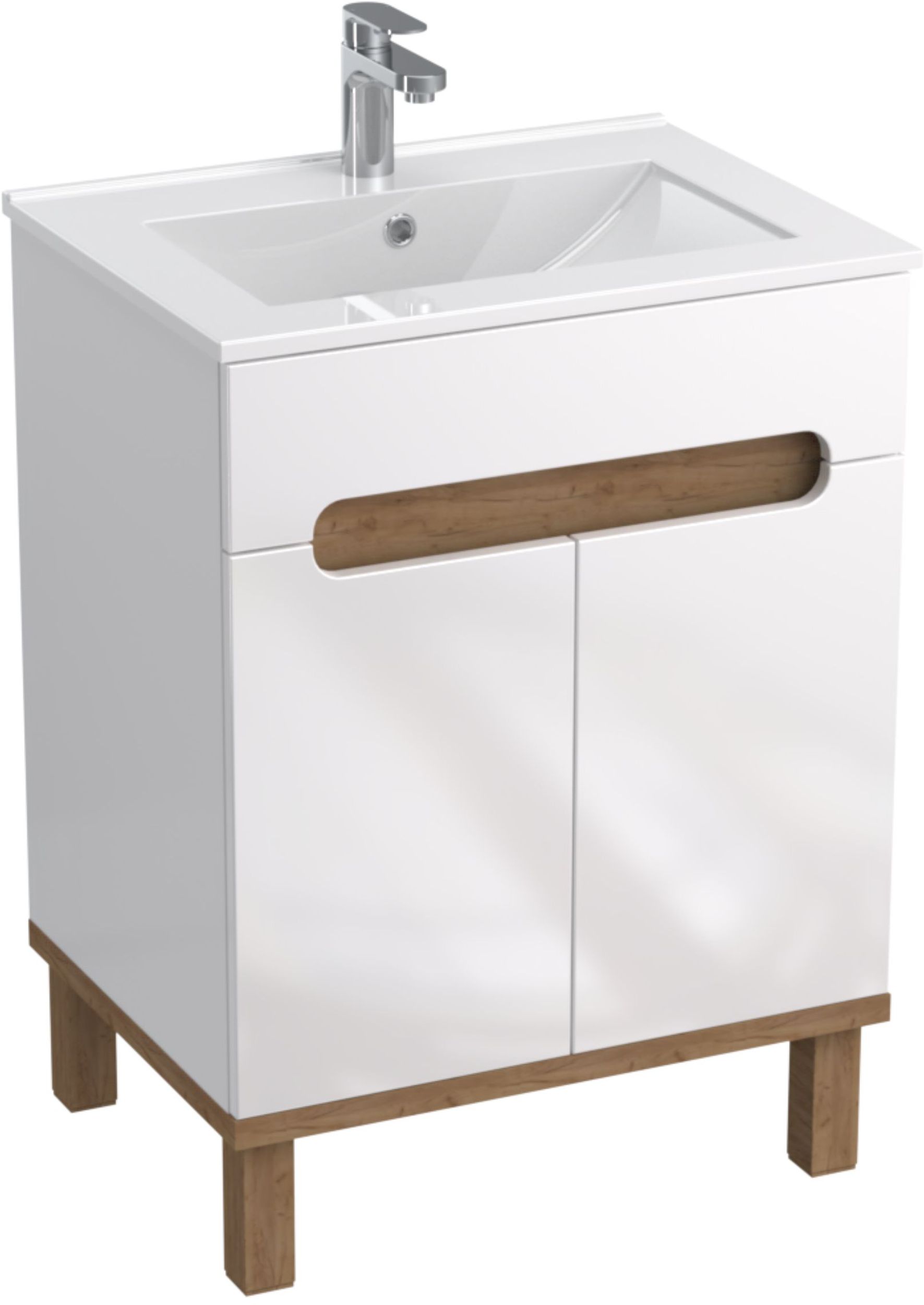Zestaw Strama Vigo umywalka z szafką Ovo 60 cm stojącą biały połysk/dąb craft złoty (9901060, 1210000)