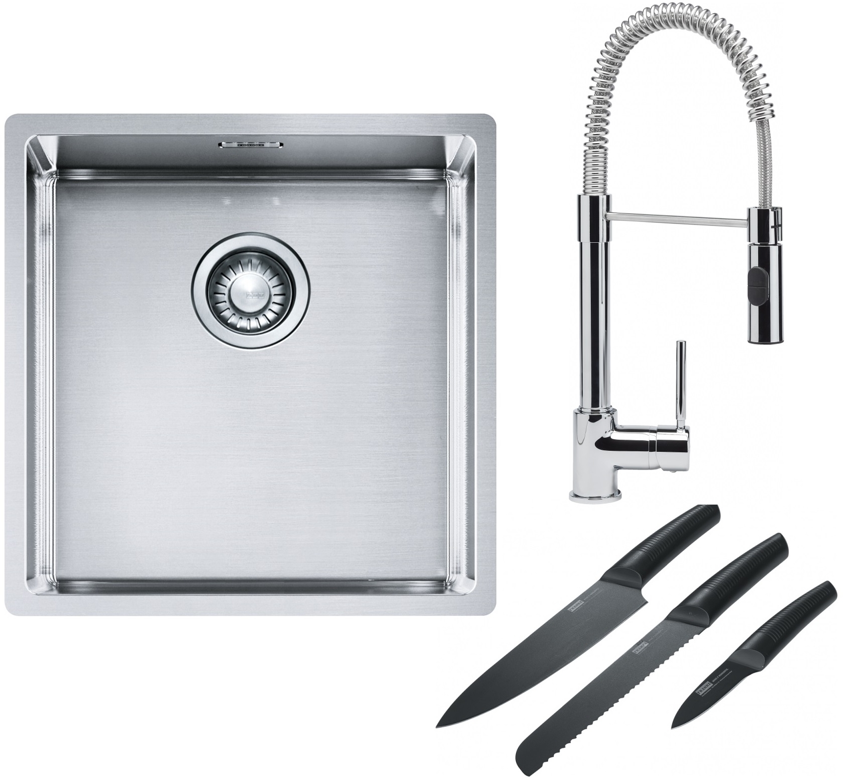Franke Box BXX 210/110-40 zlewozmywak 45x44 cm stalowy z baterią kuchenną Coxy chrom i zestawem noży kuchennych (1270453654, 1150159732, ...