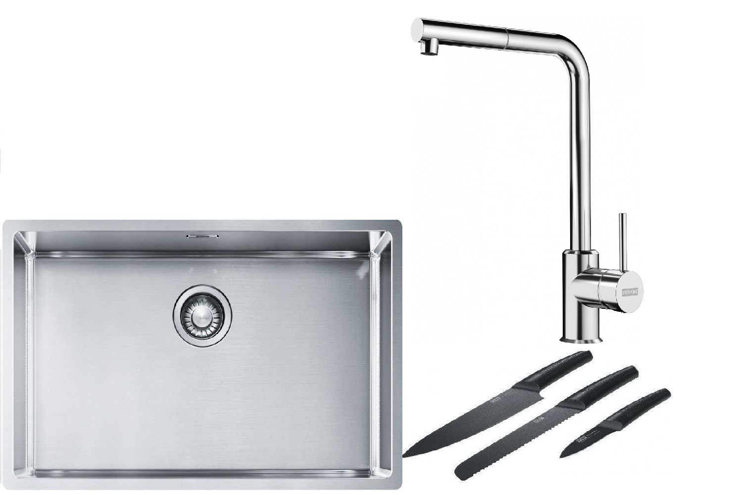 Franke Box BXX 210/110-68 zlewozmywak 72,5x45 cm stalowy z baterią kuchenną Sirius Side chrom i zestawem noży kuchennych (1270453658, ... - Wysyłka w 