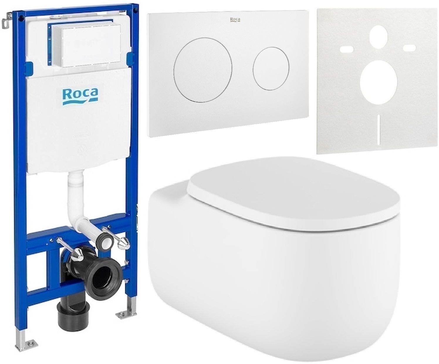 Zestaw Roca Beyond miska WC wisząca Rimless z deską sedesową wolnoopadającą i stelaż podtynkowy Duplo One z przyciskiem spłukującym ...