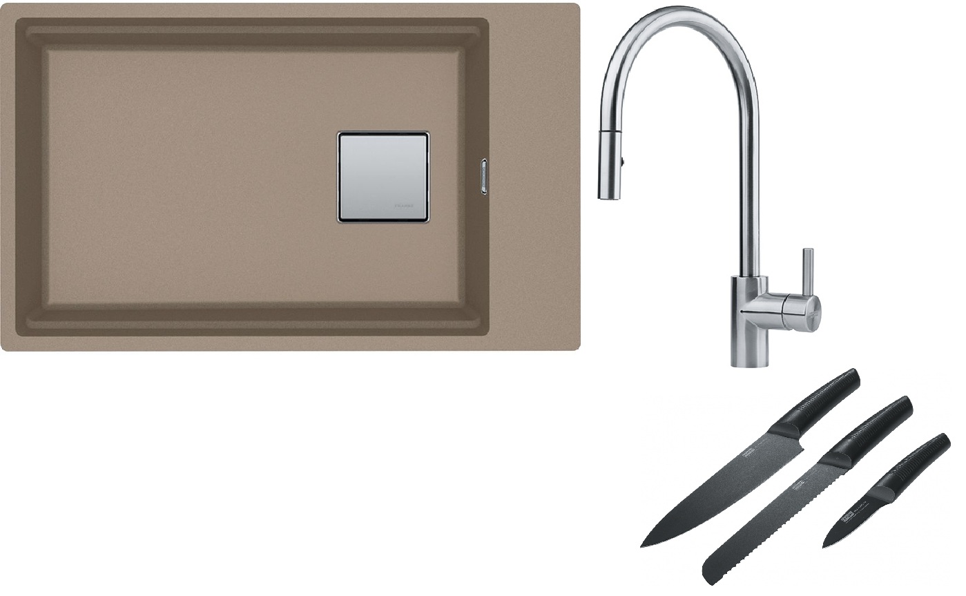 Franke Kanon KNG 110-62 zlewozmywak 62x42 cm Fragranite cappuccino z baterią kuchenną Eos Neo stal szlachetna i zestawem noży kuchennych ...