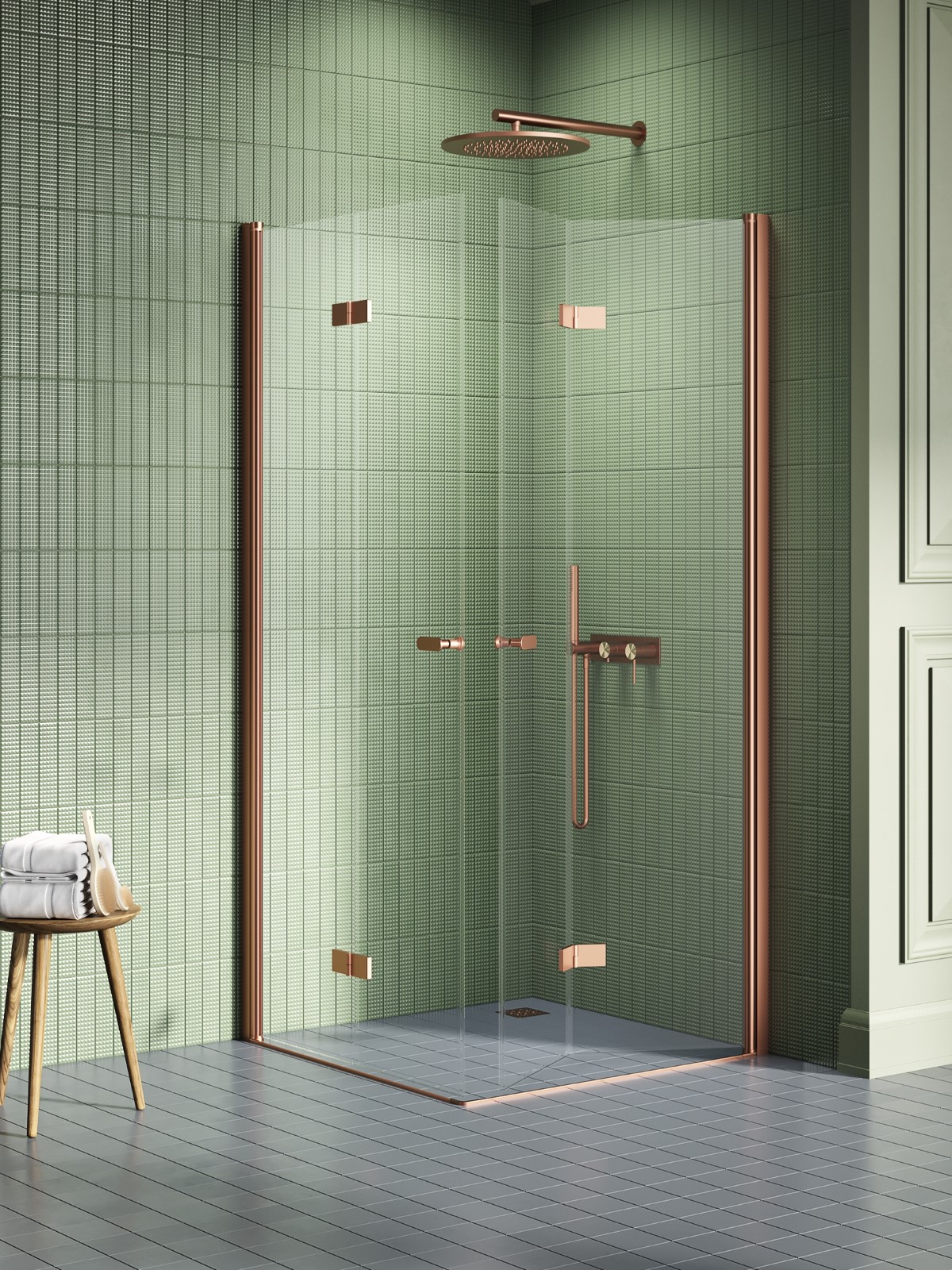 New Trendy New Soleo Copper Brushed kabina prysznicowa 100x100 cm kwadratowa miedź szczotkowana/szkło przezroczyste K-2090