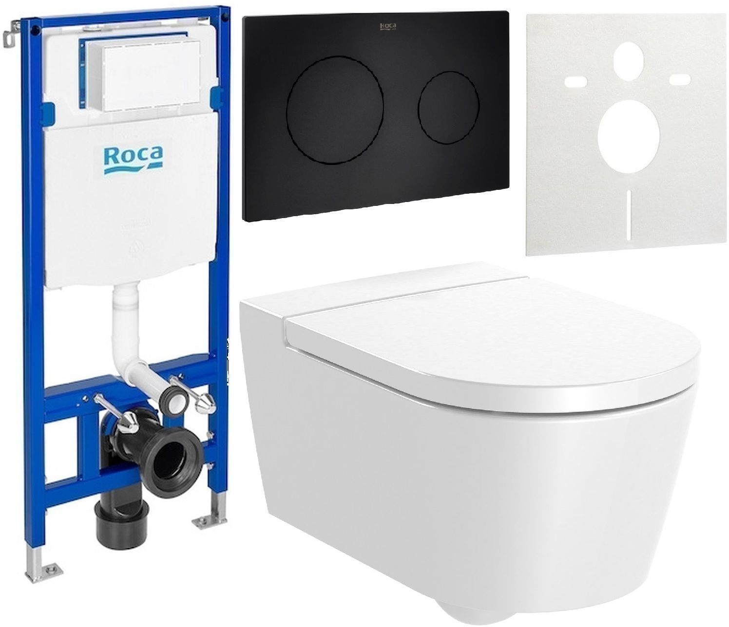 Zestaw Roca Inspira Round miska WC wisząca Rimless z deską sedesową wolnoopadającą i stelaż podtynkowy Duplo One z przyciskiem ...