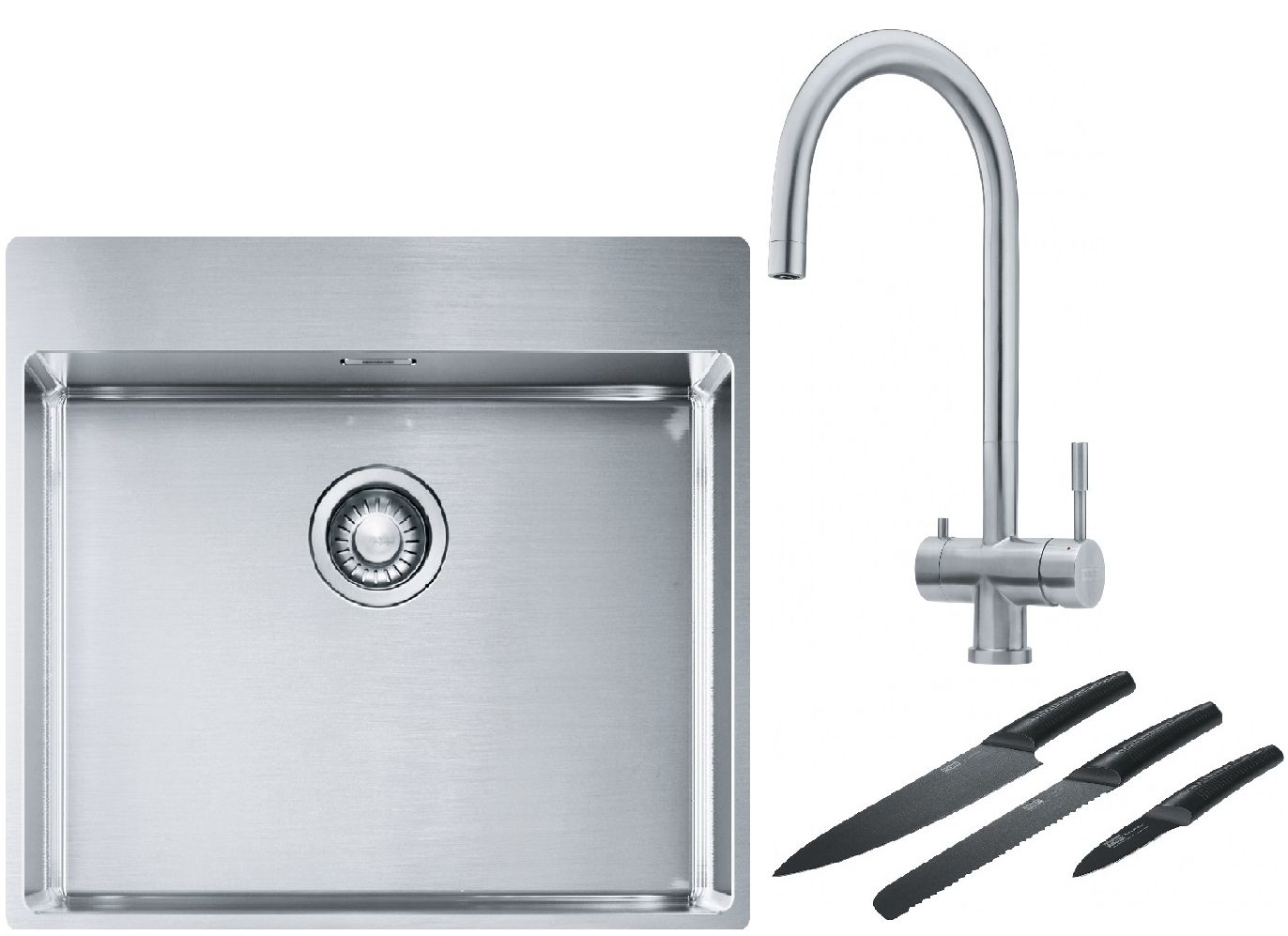 Franke Box BXX 210-54 TL zlewozmywak 57x51 cm stalowy z baterią kuchenną Eos stal szlachetna i zestawem noży kuchennych (1270369295, ...