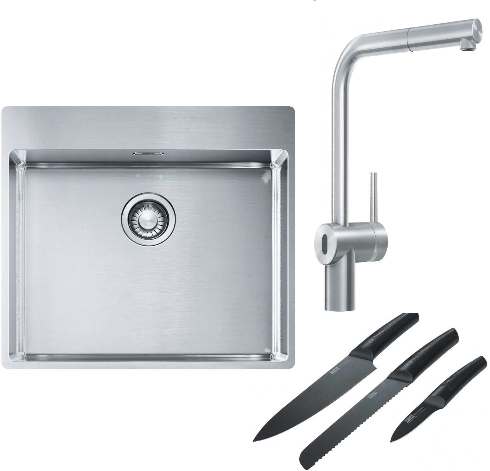 Franke Box BXX 210-54 TL zlewozmywak 57x51 cm stalowy z baterią kuchenną Atlas Neo Sensor stal szlachetna i zestawem noży kuchennych ... - Wysyłka w 