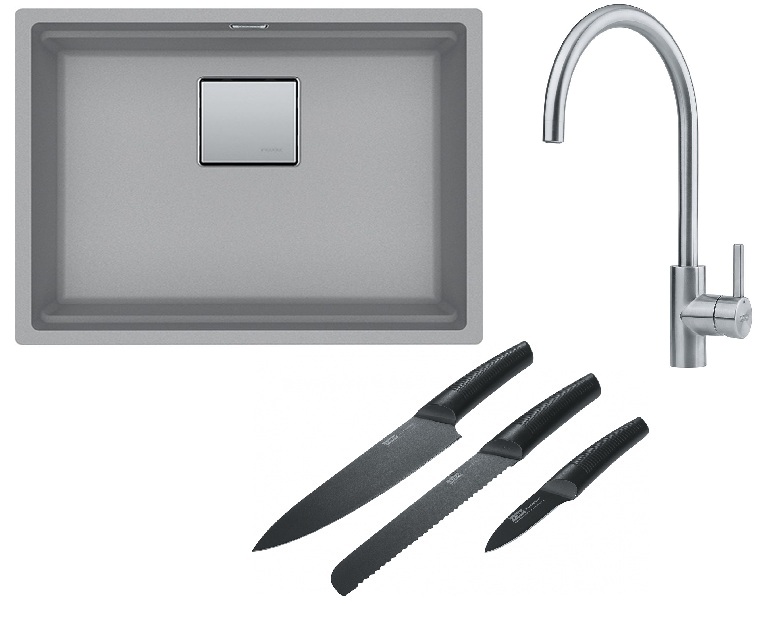 Franke Kanon KNG 110-52 zlewozmywak 52x42 cm Fragranite kamienny szary z baterią kuchenną Eos Neo stal szlachetna i zestawem noży ... - Wysyłka w 24h