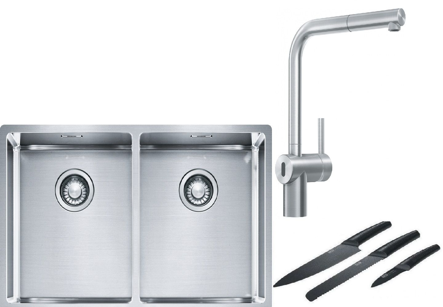 Franke Box BXX 220/120 34-34 zlewozmywak 74x45 cm stalowy z baterią kuchenną Atlas Neo Sensor stal szlachetna i zestawem noży kuchennych ... - Wysyłka