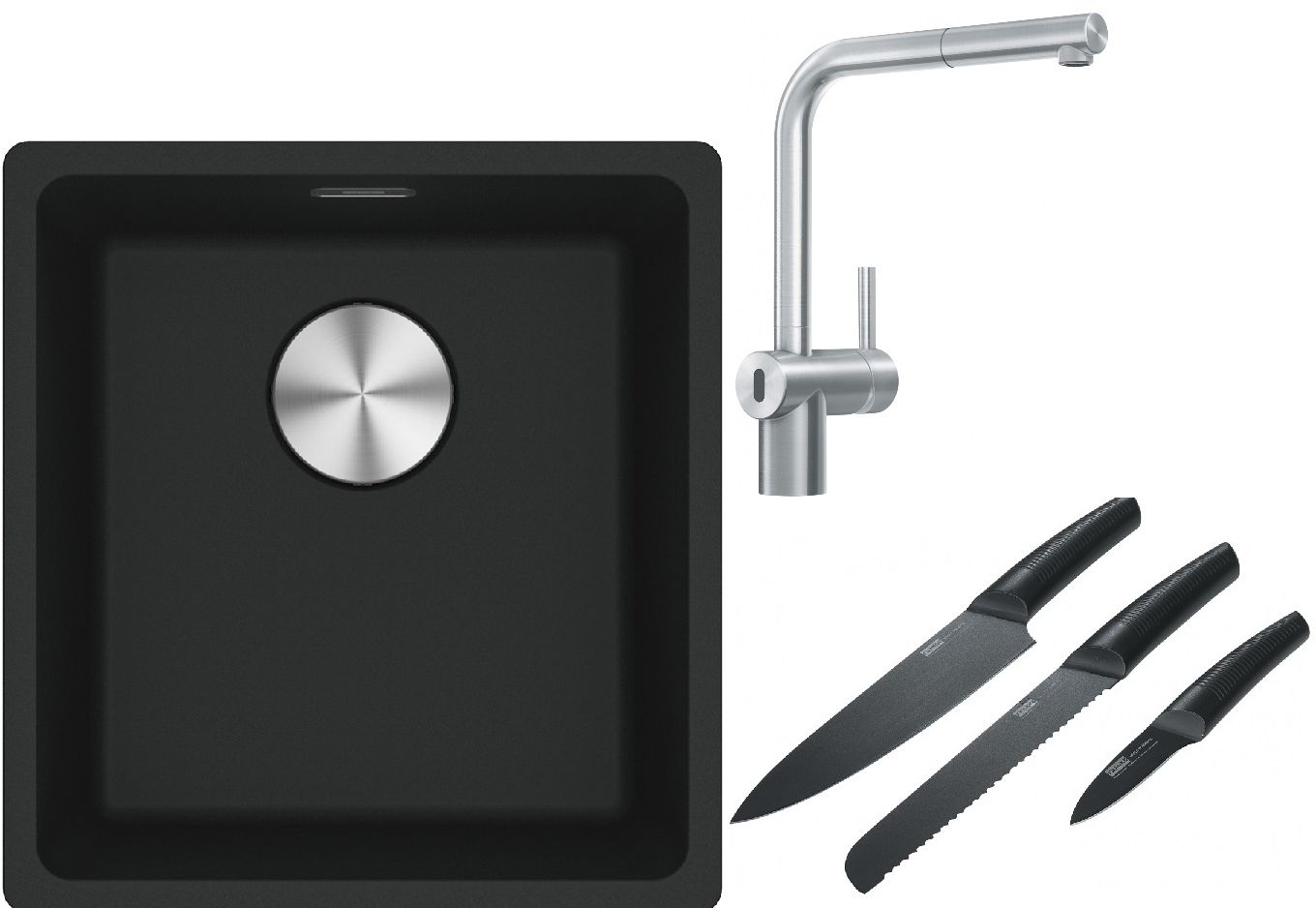 Franke Maris MRG 110-37 zlewozmywak 40x37 cm Fragranite czarny mat z baterią kuchenną Atlas Neo Sensor stal szlachetna i zestawem noży ...