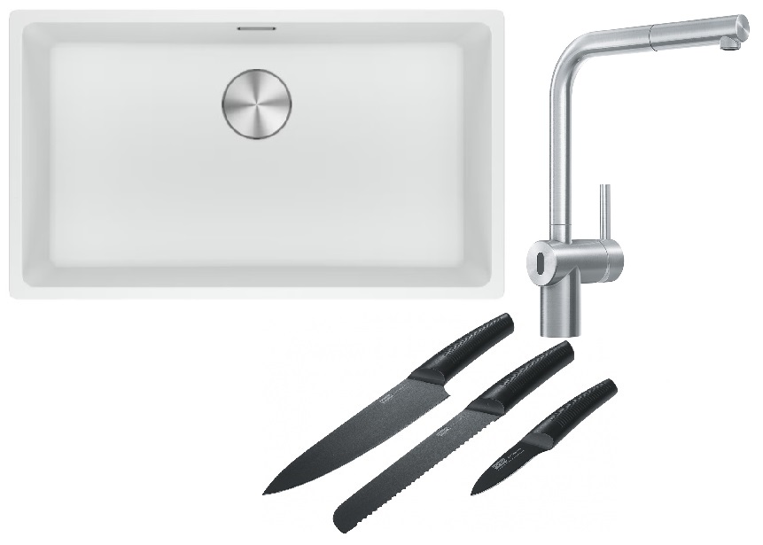 Franke Maris MRG 110-72 zlewozmywak 72x40 cm Fragranite biały polarny z baterią kuchenną Atlas Neo Sensor stal szlachetna i zestawem ...