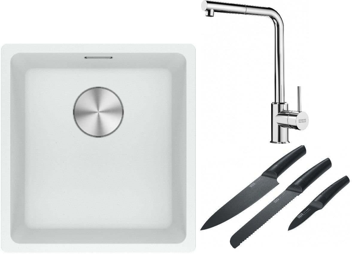 Franke Maris MRG 110-37 zlewozmywak 40x37 cm Fragranite biały polarny z baterią kuchenną Sirius Side chrom i zestawem noży kuchennych ... - Wysyłka w 