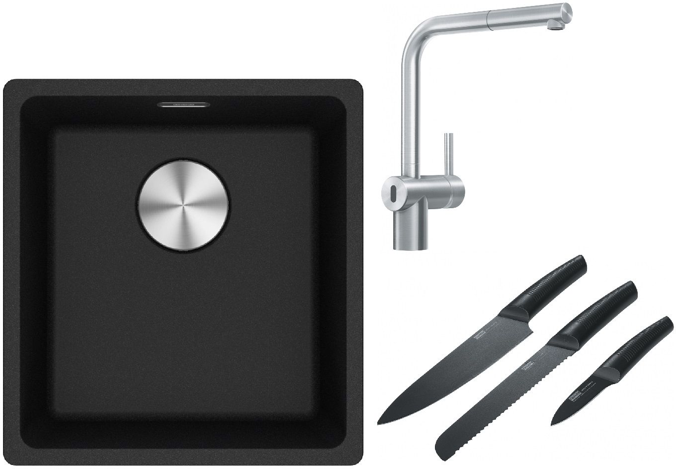 Franke Maris MRG 110-37 zlewozmywak 40x37 cm Fragranite onyx z baterią kuchenną Atlas Neo Sensor stal szlachetna i zestawem noży ...