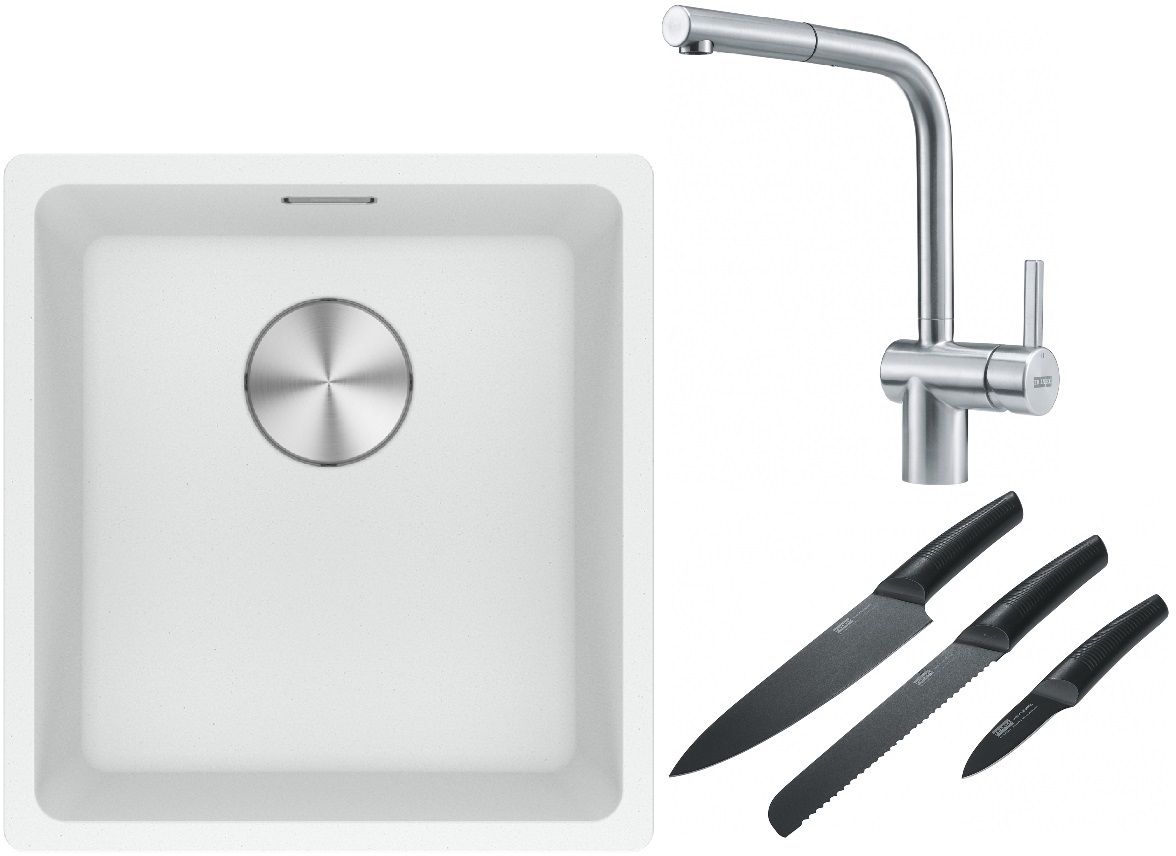 Franke Maris MRG 110-37 zlewozmywak 40x37 cm Fragranite biały polarny z baterią kuchenną Atlas stal szlachetna i zestawem noży ... - Wysyłka w 24h