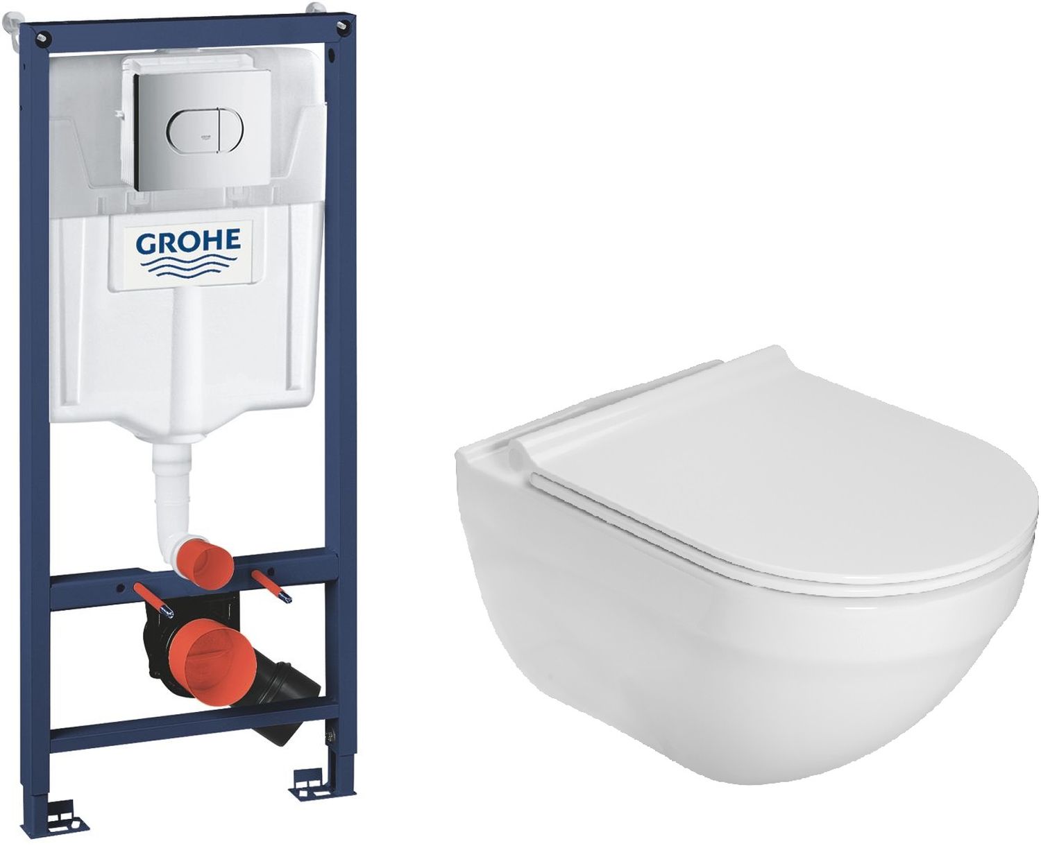 Grohe Solido stelaż podtynkowy z przyciskiem spłukującym chrom i miska WC Roca Hebe Rimless z deską wolnoopadającą białą (38981000, ... - Wysyłka w 