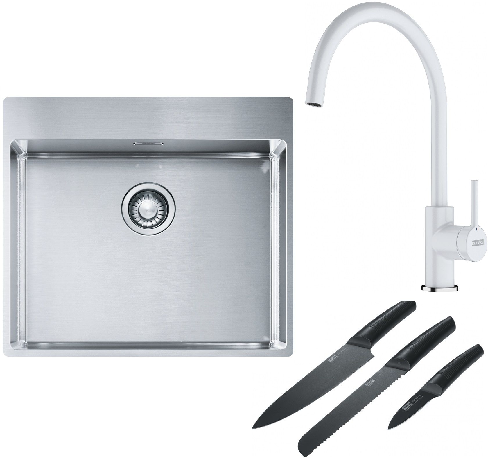 Franke Box BXX 210-54 TL zlewozmywak 57x51 cm stalowy z baterią kuchenną Lina biały polarny i zestawem noży kuchennych (1270369295, ...