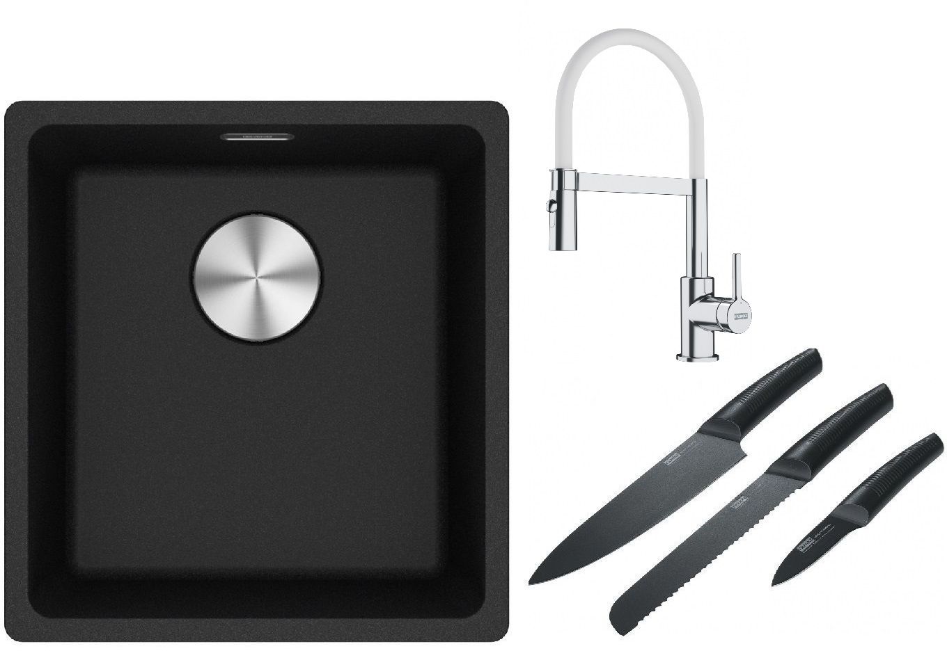 Franke Maris MRG 110-37 zlewozmywak 40x37 cm Fragranite onyx z baterią kuchenną Lina chrom/biały i zestawem noży kuchennych ...
